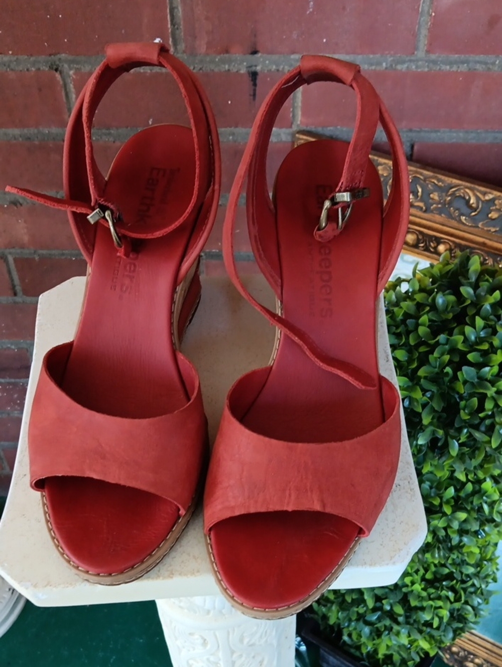 Timberland Earthkeep Burnt Orange Suede Ankle-Strap Wedge Sandals 8